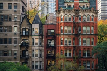 Fototapeta premium A row of red brick buildings standing tall in the middle of a bustling city, Depict the diversity of architectural styles that define Chicago's unique skyline