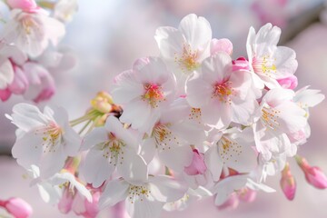 Cherry Blossom. Blooming Spring Flower Against White Pink Background