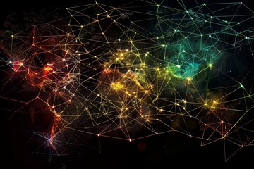 A vibrant map of the world displayed on a dark background, Depict the global economy as a network of interconnected nodes and lines