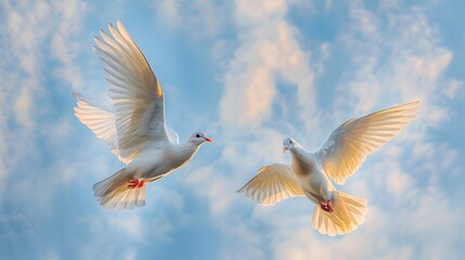Doves mid-flight, captured motion, serene sky, natural lighting, nature photograph