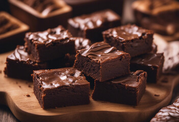 classic american brownies with a fudgy center, served on a wooden board
