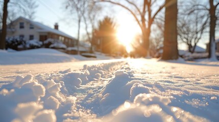 A sunny winter day depicted with a snow-covered pathway flanked by trees in a peaceful neighborhood, capturing the calm and serene winter atmosphere in residential area.