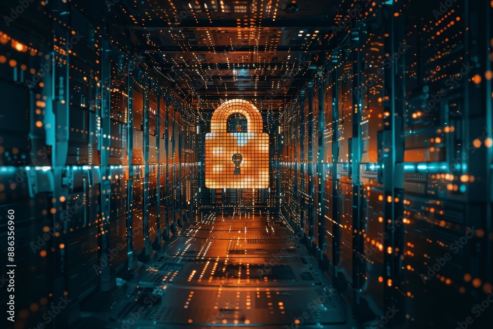 Poster a sturdy padlock secures sensitive data in a data center rack, emphasizing the importance of data pr