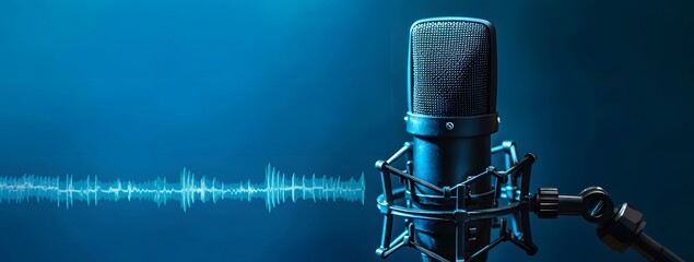 Podcast Microphone with Sound Waves on Blue Background