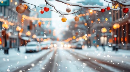 Obraz premium A bustling snowy street illuminated by festive string lights and decorated with hanging ornaments, while gentle snowflakes create a magical holiday atmosphere.