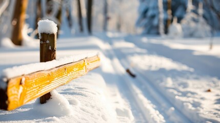 A winding path through a snow-covered forest, marked by a quirky yellow post. The path, surrounded by trees, emphasizes the untamed beauty of a winter landscape.
