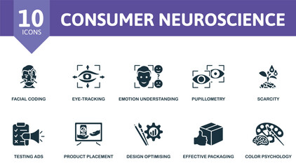 Fototapeta na wymiar Consumer Neuroscience icon set. Facial Coding, Eye-Tracking, Emotion Understanding, Pupillometry, Scarcity, Testing Ads, Product Placement, Design Optimising, Effective Packaging, Color Psychology