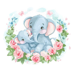 Cute elephant mom and kid with Floral Wreath