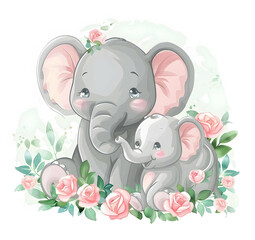 Naklejka premium Cute elephant mom and kid with Floral Wreath