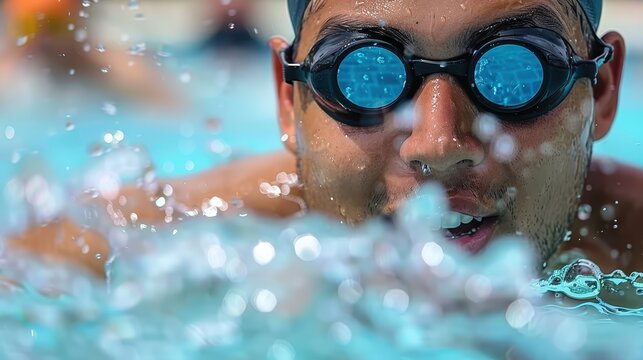 A dynamic underwater shot of a swimmer, focusing on the arm movement and water splashes. The vibrant teal water and motion convey energy and athleticism, evoking feelings of determination.