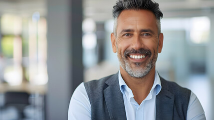 Obraz premium Headshot close up portrait of indian or latin confident mature good looking middle age leader, ceo male businessman on blur office background. Handsome hispanic senior business man smiling at camera.