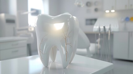 3D tooth with root canal treatment, dental procedure, white, Blender, bright lighting, educational style