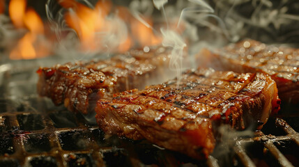 Sizzling red and juicy steaks cook on a hot barbecue grill, smoky and ready for a delicious summer meal
