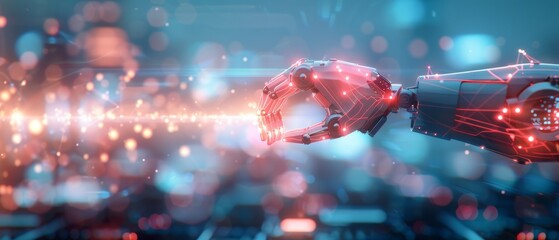 Futuristic robotic hands with bright red glowing lights connect in a high-tech digital environment, symbolizing innovation and technology advance.