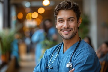 Fototapeta premium A young male doctor with a friendly smile and stethoscope, standing confidently in a hospital setting with blurred background, embodying professionalism and care.