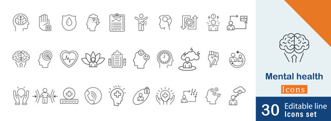 Mental health line art icon set. with happiness, mental health,  mental wellness, positive thinking, self-love, rumination, burnout and more editable stroke symbol