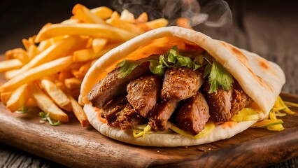 Doner Kebap fast food meal in flatbread with fries on a wooden board