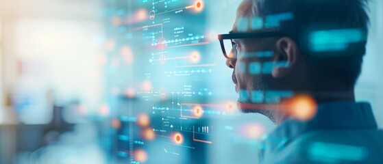 Fototapeta premium Man with glasses analyzing digital data on a large screen in a modern office setting, focusing on complex visual data representation.