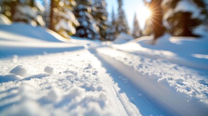 Fototapeta premium Detailed close-up image of ski tracks leading into the distance in fresh, pristine snow, surrounded by forested trees with bright sunlight creating beautiful shadows.