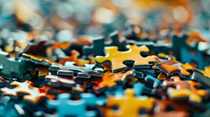 A close-up image of a pile of colorful puzzle pieces, some in focus and others out of focus, creating a vibrant abstract pattern