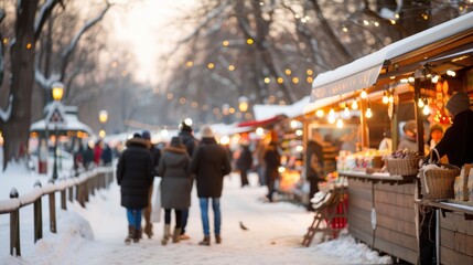Fototapeta premium A vibrant winter market scene with people walking amidst festooned stalls and bright festive lights, embodying the lively spirit of the season.