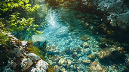 Fototapeta premium Bird's-eye view of a natural spring, crystal clear water, rocky bottom, green foliage surrounding, sun rays penetrating, untouched nature