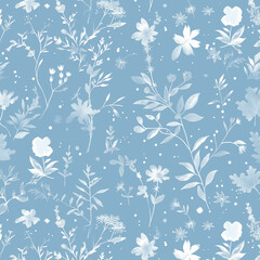 a seamless repeatable pattern combining minimalistic white floral and leaf designs,