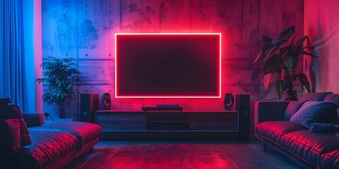 Vibrant Neon Lit Home Theater Setup with Immersive Tech and Captivating Entertainment Concept