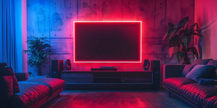 Vibrant Neon Lit Home Theater Setup with Immersive Tech and Captivating Entertainment Concept