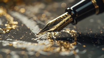 Detailed shot of a fountain pen nib writing on parchment, gold accents, ink flowing smoothly, elegant calligraphy, timeless sophistication