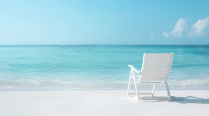 Relaxing white chair on a pristine sandy beach facing the turquoise sea under a clear blue sky, perfect for a peaceful tropical escape.