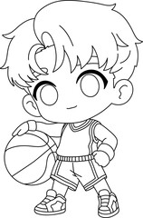 Cute cartoon boy playing basketball with an orange basketball, wearing a sports outfit line Style.