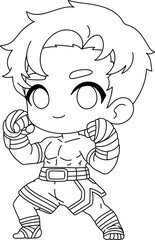 Cute cartoon boy in Muay Thai stance, wearing traditional Thai boxing shorts and hand wraps line Style.