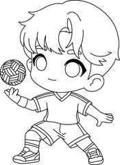 Cute cartoon boy playing sepak takraw with a rattan ball, wearing a sports outfit line Style.