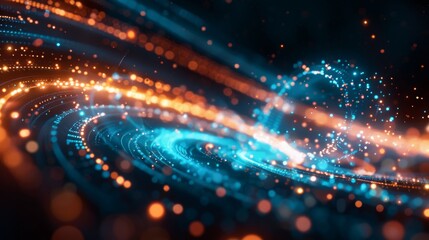 Obraz premium Vibrant abstract background featuring blue and orange particle waves, perfect for technology, digital art, and dynamic energy concepts.