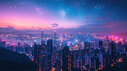 Fototapeta premium City Skyline Background: Lively cityscape at dusk, tall buildings shining with colorful lights under a starry night sky. 