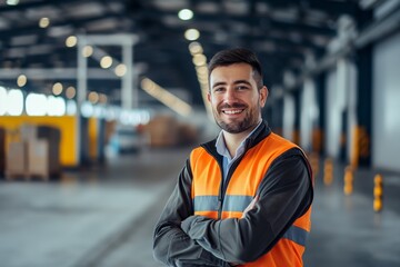 Confident Engineer Managing Logistics at Transportation Hub with a Smile