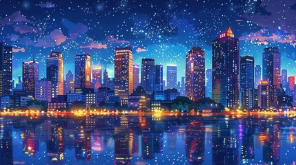 Fototapeta premium City Skyline Background: Bright view of a bustling city at dusk, skyscrapers lit up with colorful lights against a clear starlit sky. 