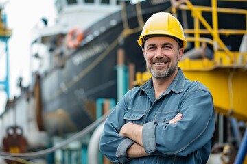 Smiling Male Engineer at a Bustling Marine Facility