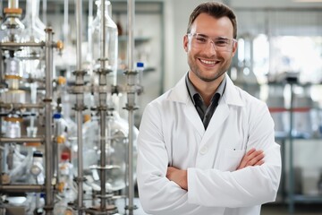 Professional Male Engineer Smiling in Chemical Lab with Research Background