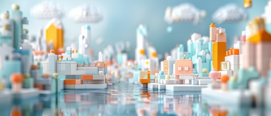 Whimsical miniature cityscape with pastel-colored buildings and clouds, reflected in a body of water, creating a dreamy atmosphere.