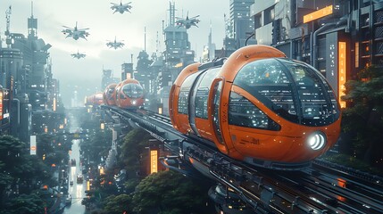 Fototapeta premium Futuristic transport hub in Japan featuring hyper realistic automated trains and smart roads set against a minimalist white background with detailed infographic elements and writing space