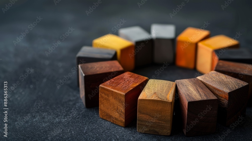 Poster wooden blocks of various colors form a circle on a dark surface, showcasing a spectrum of wood grain