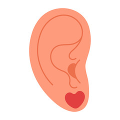 Ear with earring. Piercing. Heart earring, summer fashion jewelry. Hand drawn trendy flat style isolated modern jewelry. Vector illustration