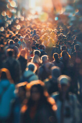 A large crowd of people is shown walking through a city street bathed in warm, golden sunlight. The scene is bustling with activity, and colorful bokeh lights add a dreamy effect. Generative AI