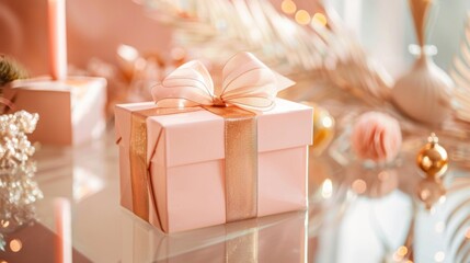 Pink Gift Box With Golden Bow on Glass Tabletop