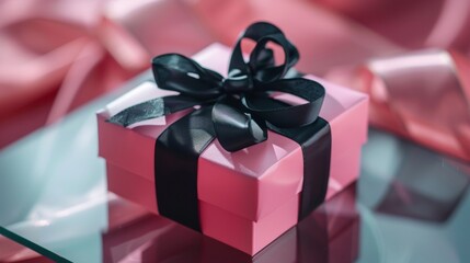 Pink Gift Box With Black Ribbon on Glass Table