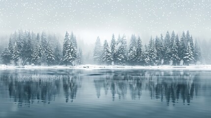 Snowy Winter Background: Quiet winter scene with snow-draped trees, a frozen lake, and softly falling snowflakes under a serene gray sky.
