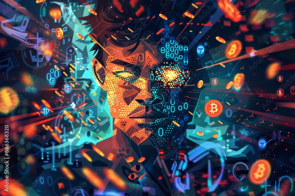 Poster a man sitting in front of a computer screen, focused on his work, design a portrait of a computer-ge