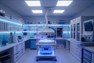 Obraz premium A medical room filled with various high-tech equipment used for medical procedures and patient care, Design a room with 3D printers for on-demand medical supplies and equipment